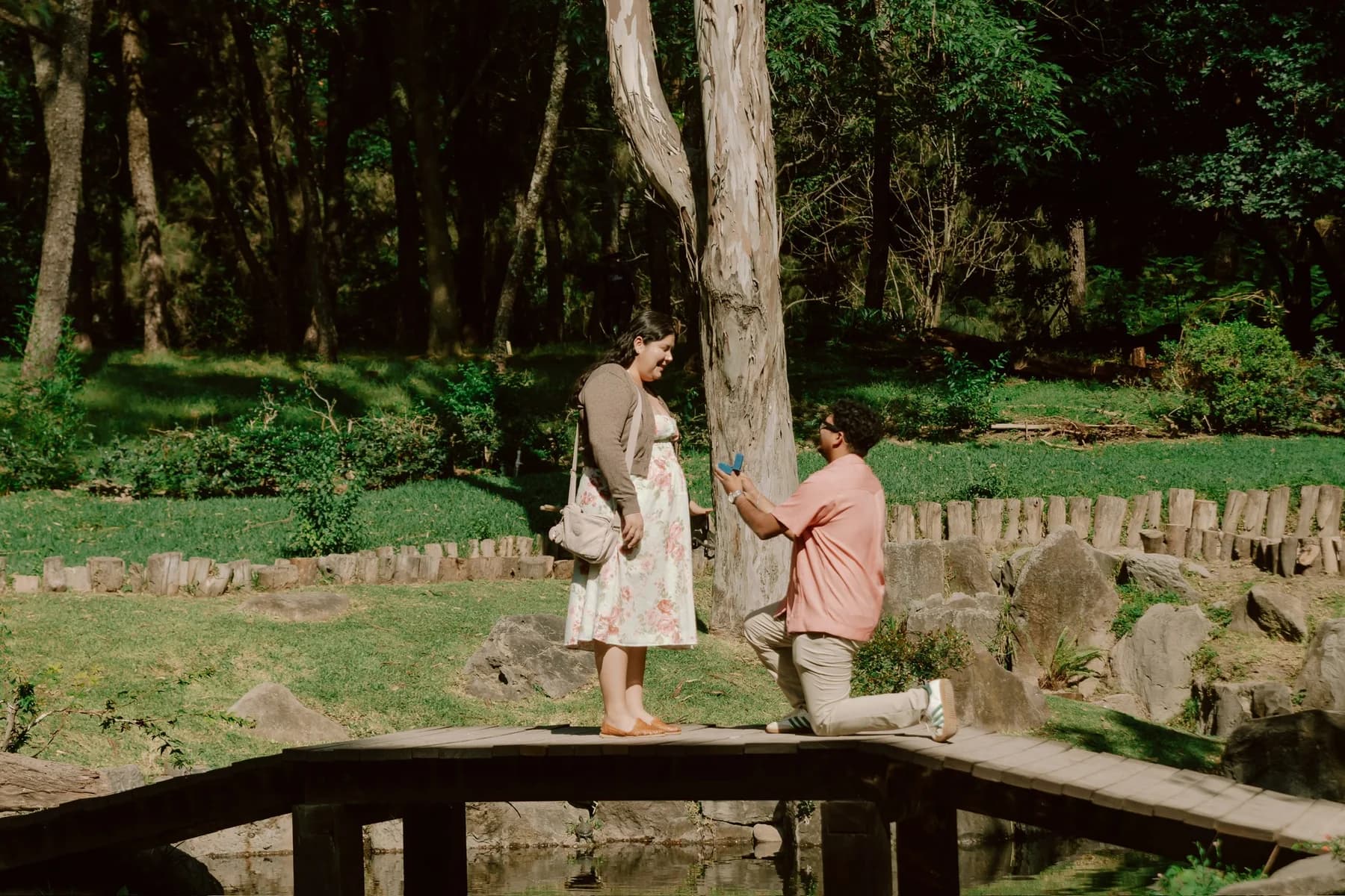 Nathan proposing to Natalia on a wooden bridge in the gardens